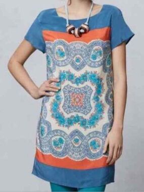 Meadow Rue Blue Orange Floral Print Shift Dress